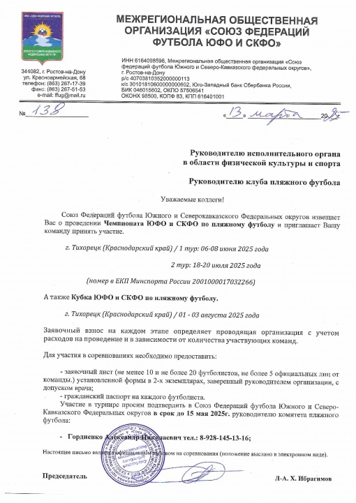 Приглашение на Чемпионат и Кубок ЮФО/СКФО по пляжному футболу 